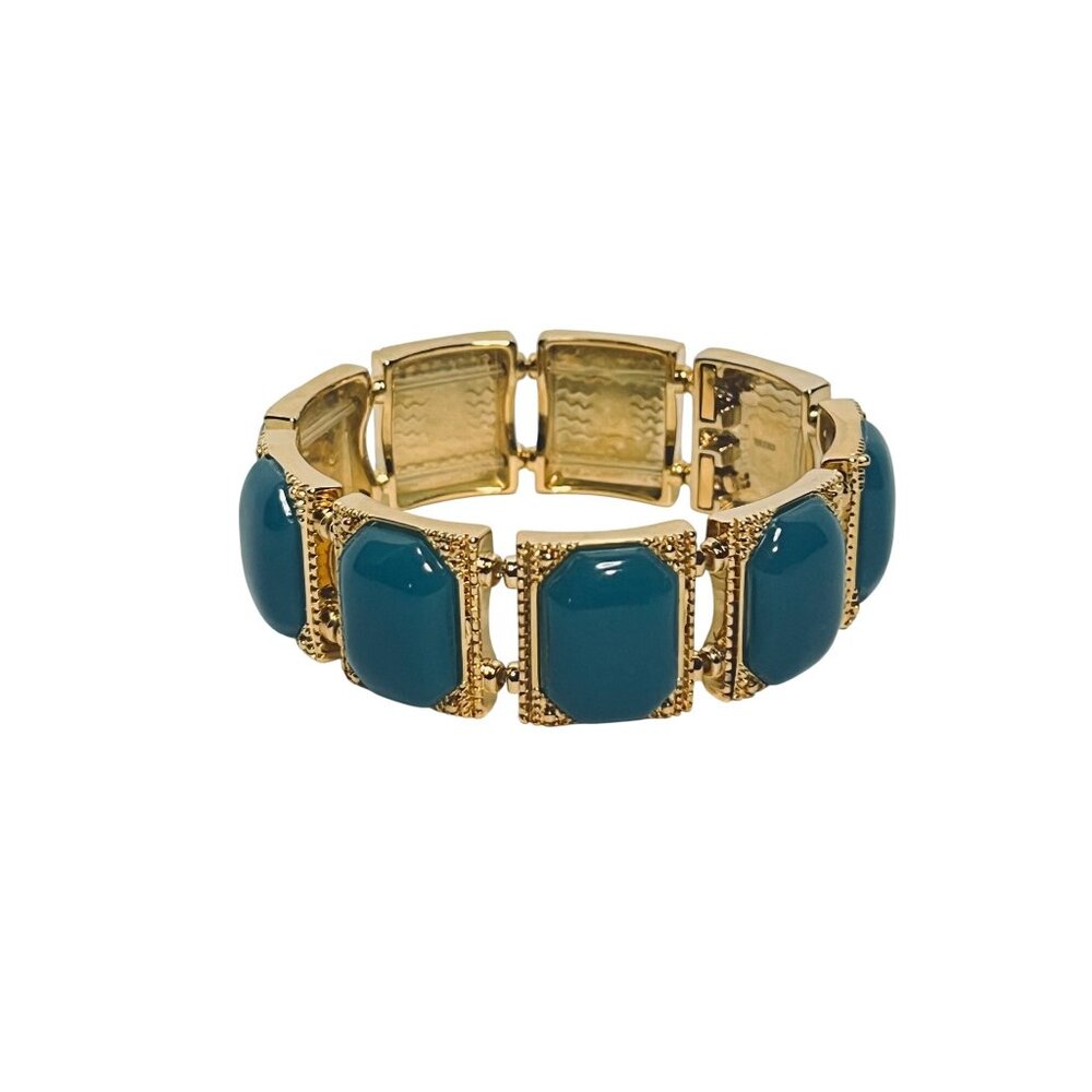 Gold Tone With Smooth Aqua Blue Cabochons Stretch Bracelet (6237) - Picture 4 of 5